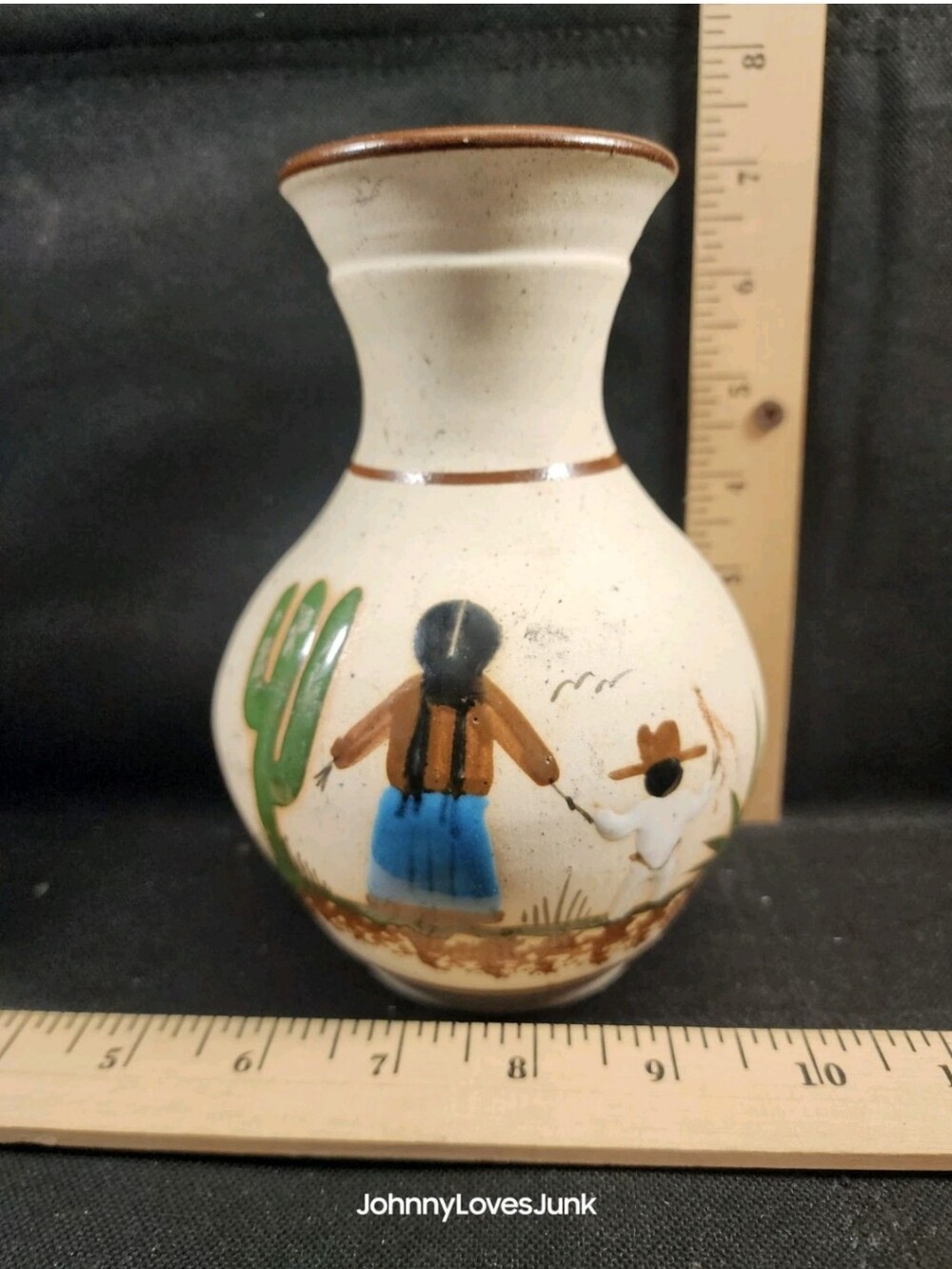 Vintage Handpainted Mexican Pottery Flower Vase Southwestern Design Mother/Child